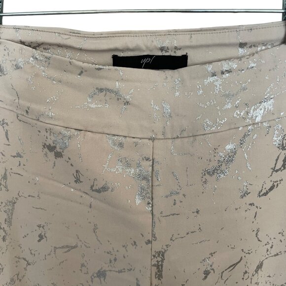 Up! Khaki Beige & Silver Metallic Printed Slim Pants Womens Size 14 Rayon Blend - Picture 2 of 5